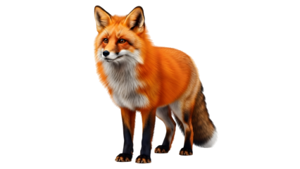 Standing red fox with white chest on white background