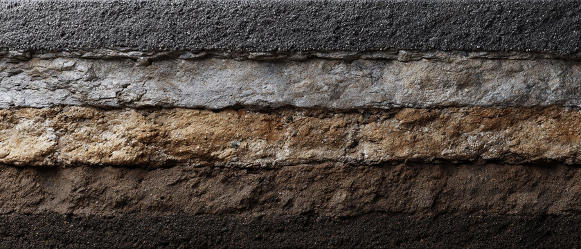 Asphalt crushed stone gravel sand soil layered cross section, gritty texture, earthy tone