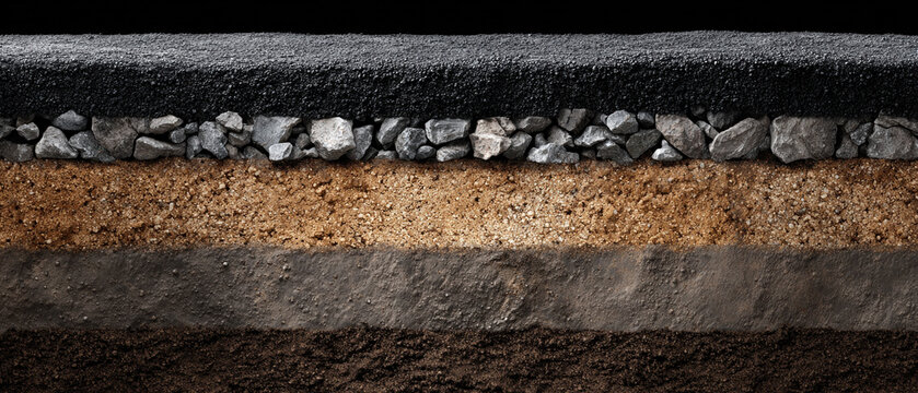 Asphalt aggregate crushed stone gravel soil layered cross section road