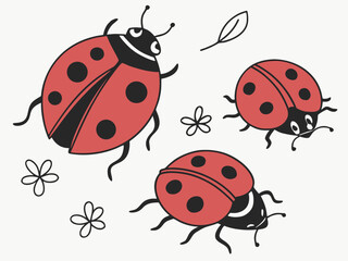 Three cartoon ladybugs and flowers on a illustration