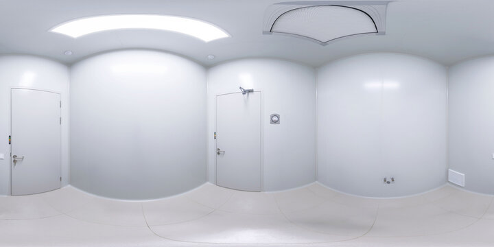 Full seamless spherical HDRI panorama 360-degree angle view of the interior of a white empty room. Empty medical room. Empty room in a medical facility. VR content
