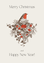 Christmas card with robin perched on holly, pine, and ivy with vibrant red berries. A composition with evergreens and a bird.