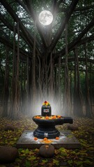 Shiva lingam decorated with flowers at the base of a banyan tree under a full moon.
