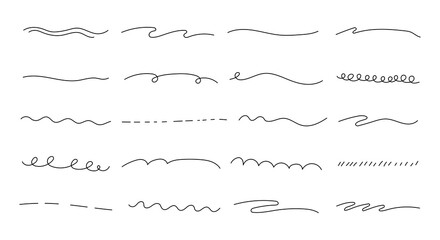 Border mark doodle underline set for hand drawn curved stroke line ornament wave spiral underline shape decoration element outline design