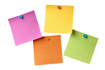 Four colorful blank sticky notes pinned with pushpins ready for messages isolated on transparent background