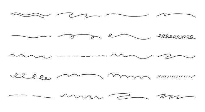 Border mark doodle underline set for hand drawn curved stroke line ornament wave spiral underline shape decoration element outline design