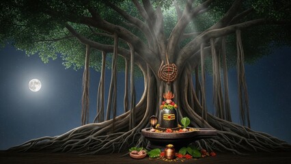 Hindu shiva lingam under banyan tree with full moon in the background at night time.