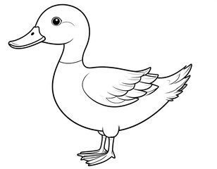 A black and white line drawing of a simple, cartoon-style duck
