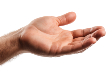 Open human hand with palm facing upwards in a gesture of giving or receiving isolated on transparent background