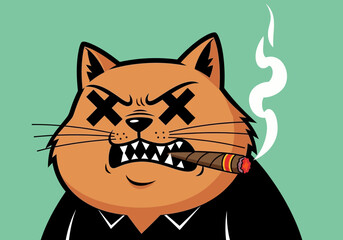 Menacing cartoon cat smoking cigar with sharp teeth and crossed out eyes on green background illustration