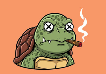 Cartoon turtle smoking cigar with dead eyes on orange background illustration