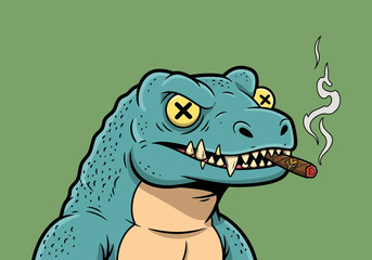 A turquoise dinosaur smokes a cigar on a green background illustration.