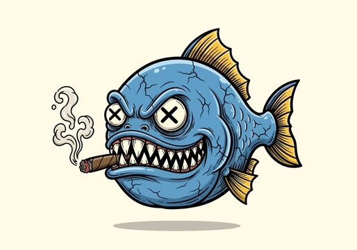 A blue fish with sharp teeth smokes a cigar in a cartoon illustration.