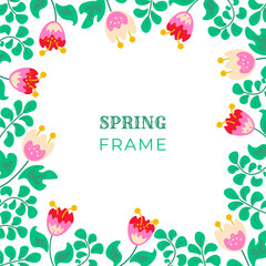 Spring floral square background with flowers, leaves. Cute Floral frame. Vector template for card, banner, invitation, social media post, poster for easter, birthday, mothers day.