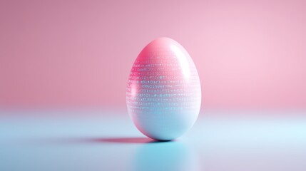 A digitally designed egg with binary code, set against a soft pink and blue background, representing innovation and technology.
