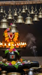 Shiva lingam decorated with flowers and candles, bells hanging above for hindu worship.