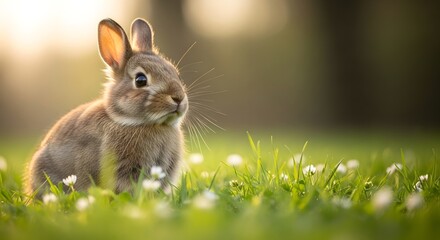 Fototapeta premium A cute little rabbit sitting in lush green grass with white flowers, representing the vitality of Spring Equinox concept under golden hour light
