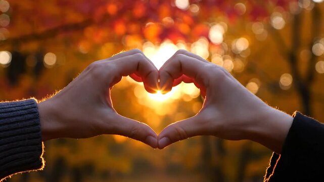 Hands forming heart shape with autumn foliage and warm sunlight