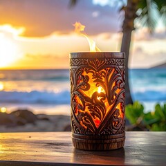 Wooden lantern with flame at sunset on beach