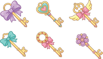 Cartoon keys, golden, ornate, bows, hearts, wings, flowers, fantasy, magical, cute design, decorative, flat vector illustration