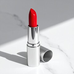 A vibrant red lipstick in a sleek, metallic tube