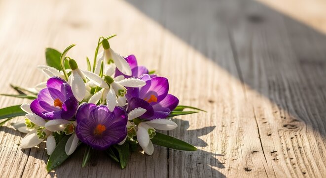 Fresh crocus and snowdrop flowers blooming with dew drops on a rustic wooden table, symbolizing the vibrant Spring Equinox concept in soft morning light - Powered by Adobe