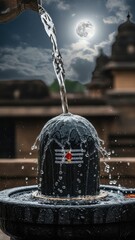 Water pouring on shiva lingam at temple with moon in background, religious worship.