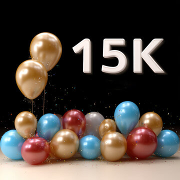 15K celebration with gold, blue, and red balloons, confetti, and festive atmosphere on black background