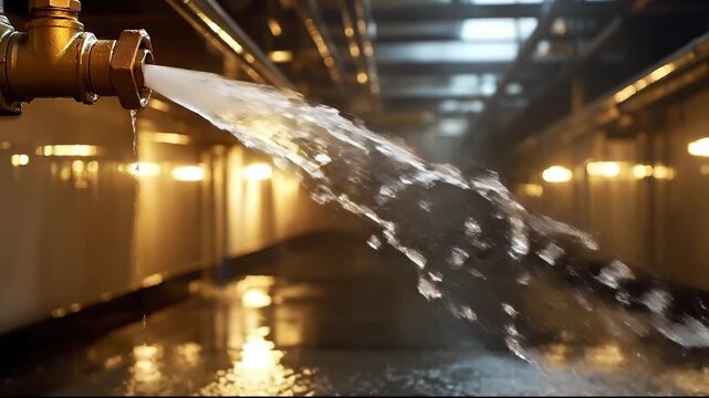 Water flowing from a metal pipe in an industrial setting, illuminated.