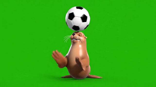 Balancing Playful Seal Balancing Soccer Ball on Nose in Bright Green Scene