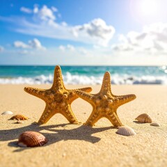 Two golden starfish on a sandy beach, near ocean waves under a bright, sunny sky