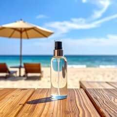 Clear spray bottle on beach wooden table.  Blurred beach scene with umbrella and chairs in background