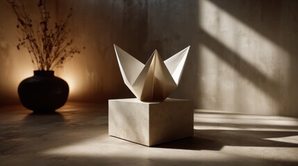 A folded white paper origami on a beige background