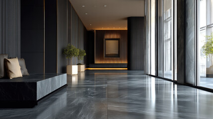 Obraz premium Black marble floor modern wall panel luxury lobby large window natural light elegant minimal indoor plant contemporary