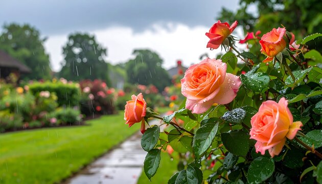 Close-up of roses in bloom along a garden path during a light rain