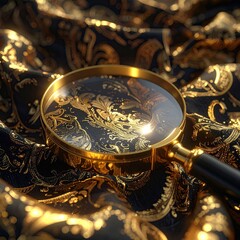 Golden paisley fabric examined through magnifying glass