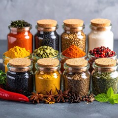 Assorted spices in glass jars on a gray background