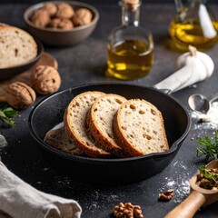 Slices of artisan bread in a cast iron skillet
