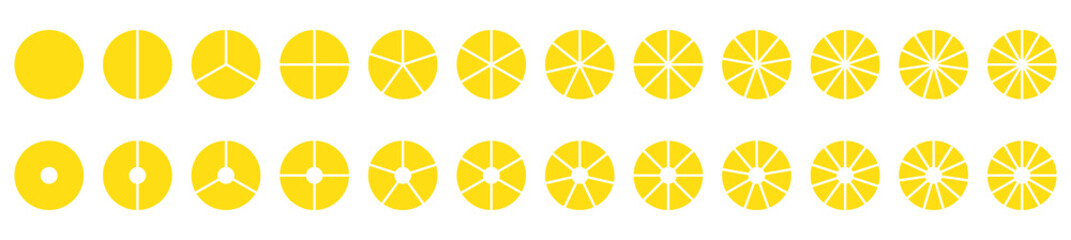 Parts of diagram wheel from 1 to 20. Outline black graphics. Template of pie chart. Coaching blank. Segmented charts. Sectors divide the circle on equal parts. Pie charts, pizza charts infographic set