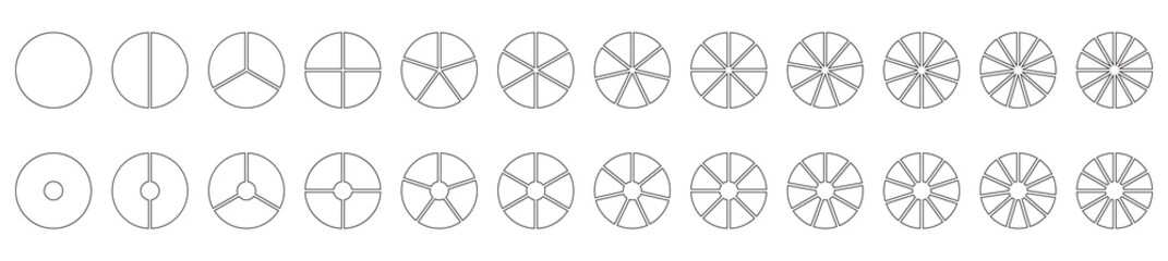 Parts of diagram wheel from 1 to 20. Outline black graphics. Template of pie chart. Coaching blank. Segmented charts. Sectors divide the circle on equal parts. Pie charts, pizza charts infographic set