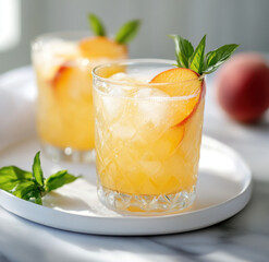 Peach Sparkling Water With Mint And Ice Cubes Served In Glass On White Plate
