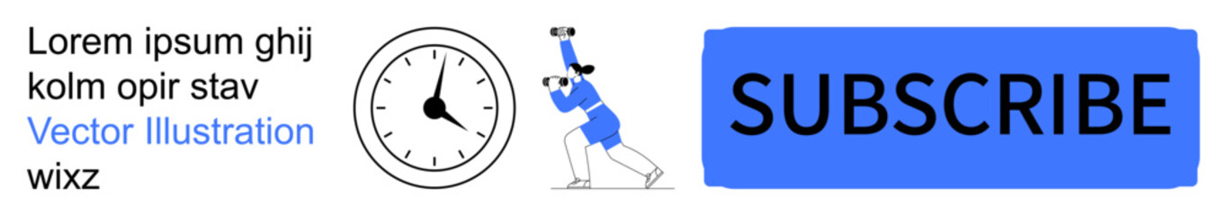 Time management, content subscription, digital marketing, task delegation, productivity, balance. A clock, a person balancing items and a subscribe button. Time management and content subscription