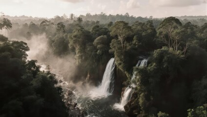 Fototapeta premium Majestic Waterfall Cascading Through Lush Green Rainforest Canopy.