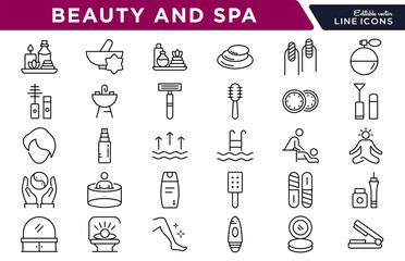Beauty and Spa Line Icon Set. Skincare, massage, manicure, pedicure, cosmetics, wellness, hair, aromatherapy, spa treatment, relaxation, salon, body care icon vector illustration. Pixel-perfect stroke