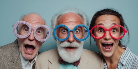 Funny multigenerational group wearing oversized round glasses