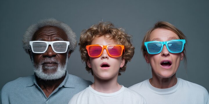 Three generations wearing colorful shutter glasses portrait
