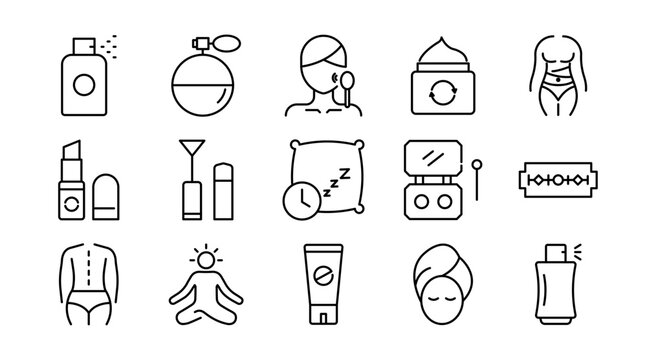 Beauty and Spa Line Icon Set. Skincare, massage, manicure, pedicure, cosmetics, wellness, hair, aromatherapy, spa treatment, relaxation, salon, body care icon vector illustration. Pixel-perfect stroke