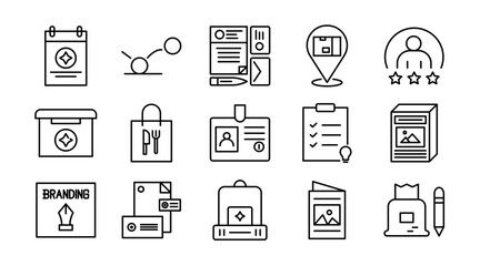 Branding Line Icon Set. Logo, identity, brand strategy, typography, color palette, marketing, design, creative, business, advertising, agency, icons, vector illustration. Pixel-perfect stroke