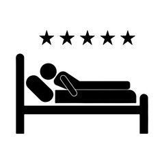Sleeping person on bed icon, hotel accommodation rest symbol vector.
