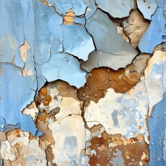 Cracked, peeling paint on a wall.  A mix of light blue, light beige, and muted orange colors